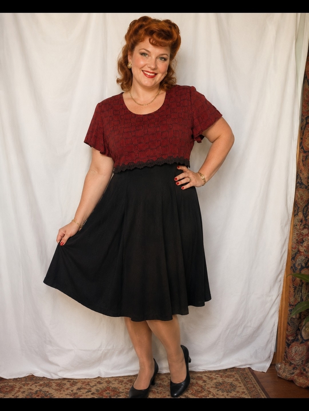 Whirlaway Frocks Vintage 80's Dress Size 16P Red Black 3920-CX